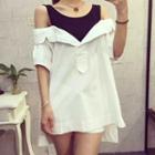 Mock Two-piece Open Shoulder Elbow-sleeve Dress