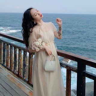 Set: Short-sleeve Midi A-line Dress + Lace Slipdress