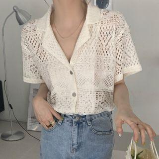 Short-sleeve Perforated Button-up Top