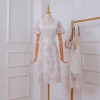 Lace Trim Short-sleeve Square-neck Floral Midi A-line Dress