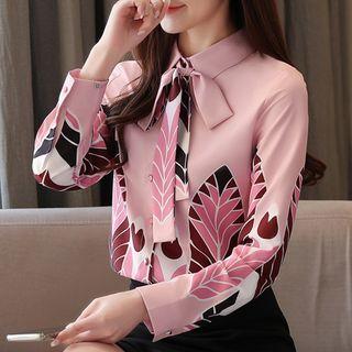 Long-sleeve Tie-neck Printed Shirt