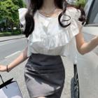 Sleeveless Ruffled Blouse / Asymmetrical Shirred Pencil Skirt