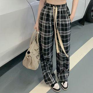 Plaid Wide Leg Pants Pants - Black - One Size