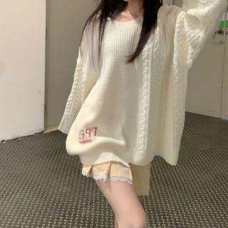 Numbering Cable Knit Sweater Beige - One Size
