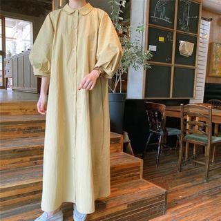 Puff-sleeve Plain Maxi Shirt Dress