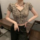Leopard Print Short Sleeve Crop Top As Shown In Figure - One Size