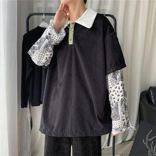Mock Two-piece Paisley Print Collared Sweatshirt
