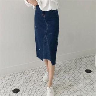Band-waist Distressed Denim Skirt