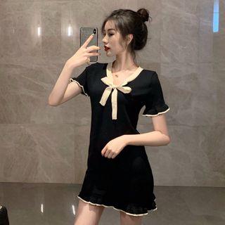 Bow Accent Short-sleeve Mini Dress Black - One Size