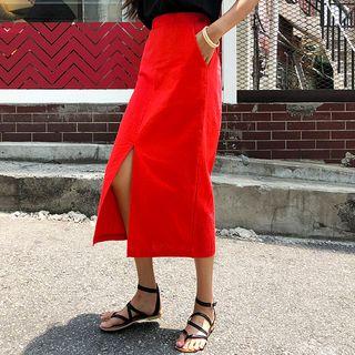 Slit-front Colored Linen Midi Skirt