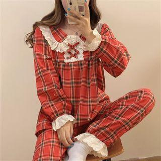 Set: Long-sleeve Plaid Top + Pants