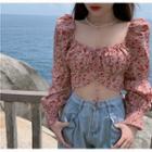 Floral Print Cropped Blouse Red Floral - Pink - One Size