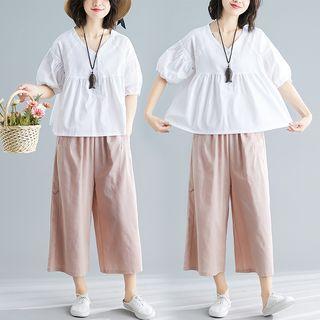 Set: Elbow-sleeve Blouse + Wide-leg Pants