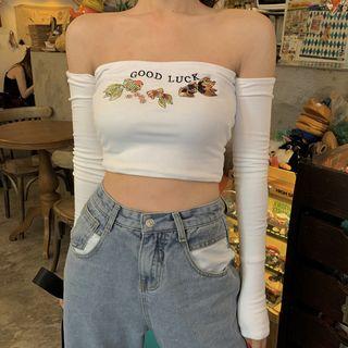 Long-sleeve Off Shoulder Fish Embroidery Top White - One Size