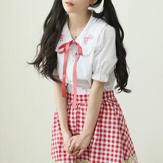 Wide-collar Beribboned Blouse White - One Size