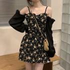 Long-sleeve Cold-shoulder Floral Mini A-line Dress