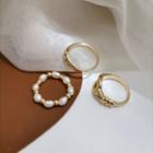 Set Of 3: Alloy Faux Pearl Ring Set Of 3 - Gold - One Size