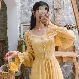 Flared-cuff Shirred Midi A-line Dress