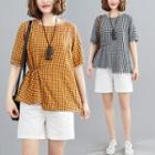 Plaid Round-neck Asymmetrical T Shirt