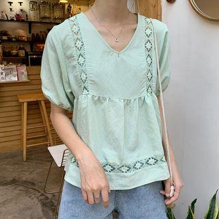 Lace V-neck Puff-sleeve Blouse