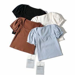 Short Sleeve Square-neck Ruffled-trim Crop Top