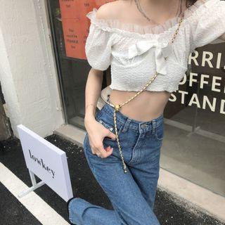 Puff-sleeve Off-shoulder Mesh Trim Top