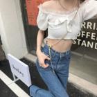 Puff-sleeve Off-shoulder Mesh Trim Top