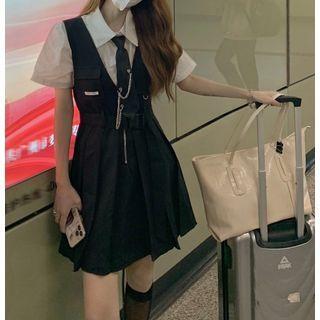 Short-sleeve Plain Shirt + Tie / Tie-waist Pleated Pinafore Dress