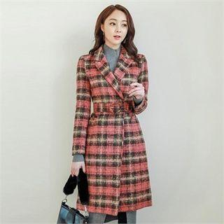 Wool Blend Plaid Coat With Belt