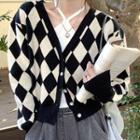 V-neck Argyle Cardigan 8988 - Cardigan - Black & Khaki - One Size