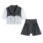 Short-sleeve Lace Trim Shirt / Asymmetrical Mini A-line Skirt