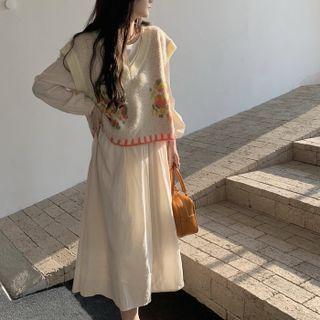 V-neck Knit Vest Tank Top / Plain Dress