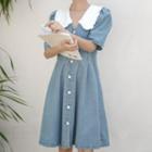 Collared Short-sleeve Mini A-line Denim Dress