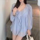 Long-sleeve Frill Trim Mini A-line Dress Light Blue - One Size