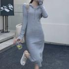 Long-sleeve Half-zip Bodycon Dress Gray - One Size