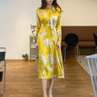 Long-sleeve Floral Print Tie-neck A-line Midi Dress