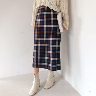 Wrap-front Long Plaid Skirt