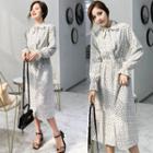 Long-sleeve Tie-neck Dotted Midi Dress