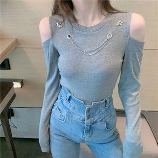 Long-sleeve Cold-shoulder Chain Strap T-shirt