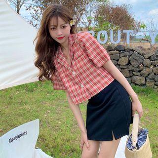 Short-sleeve Plaid Shirt + Split Mini Skirt