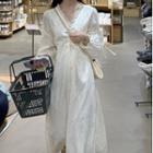 Long-sleeve V-neck Plain Lace Trim Elastic Waist Dress