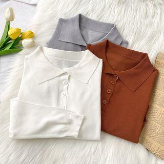 Long-sleeve Frill Trim Polo Knit Top