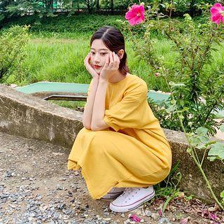 Puff-sleeve Colored Shift Dress