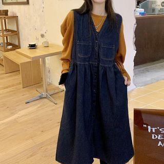 Long-sleeve Plain T-shirt / Denim Midi A-line Overall Dress