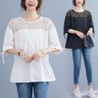 Elbow-sleeve Lace Panel Drawstring Blouse