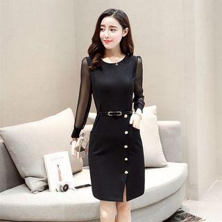 Button Detail Long-sleeve Sheath Dress