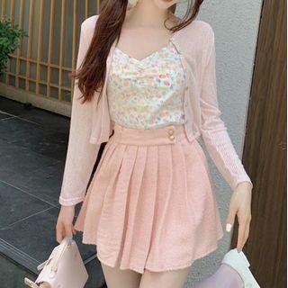 Floral Print Camisole Top / Cardigan / Pleated Mini Skirt