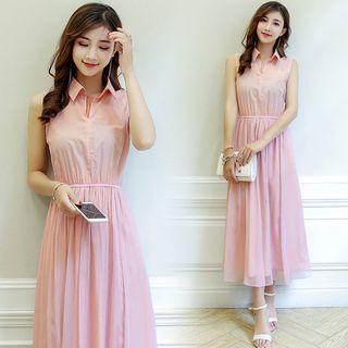 Plain Midi Collared Sleeveless Dress