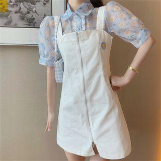 Short-sleeve Floral Blouse / Zip Up Mini Pinafore Dress