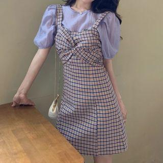 Set: Short-sleeve Sheer Blouse + Plaid Twist Mini Overall Dress